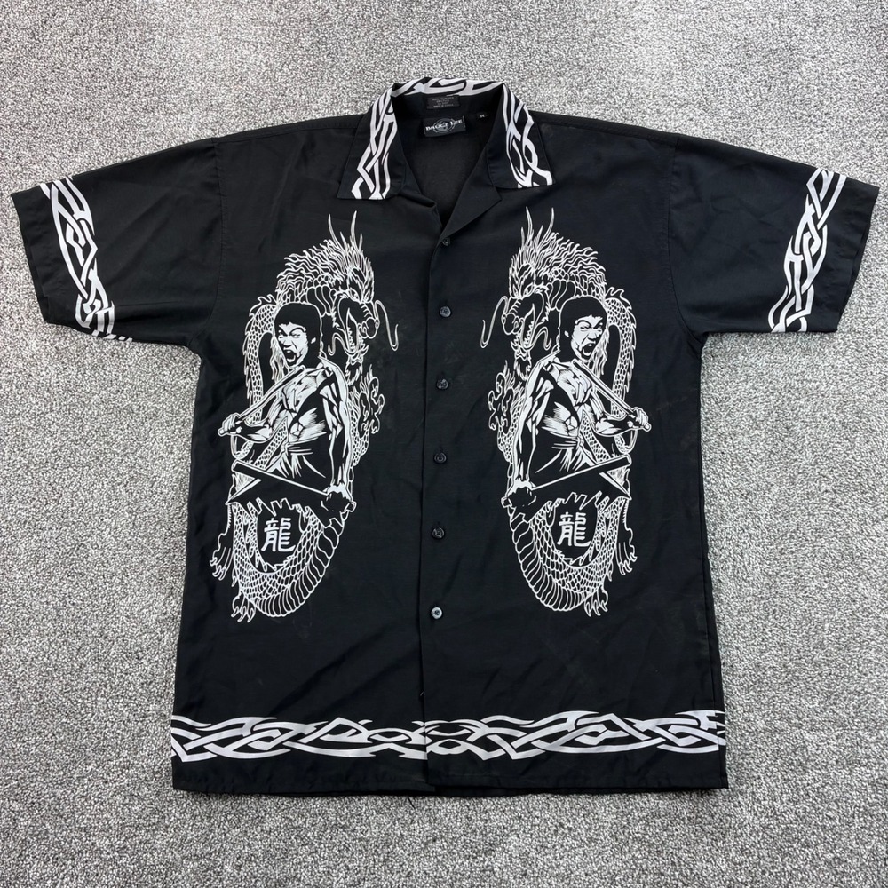 Y2K Bruce Lee Shirt Mens M Black Dragon Martial Arts Button Down Trailer Park